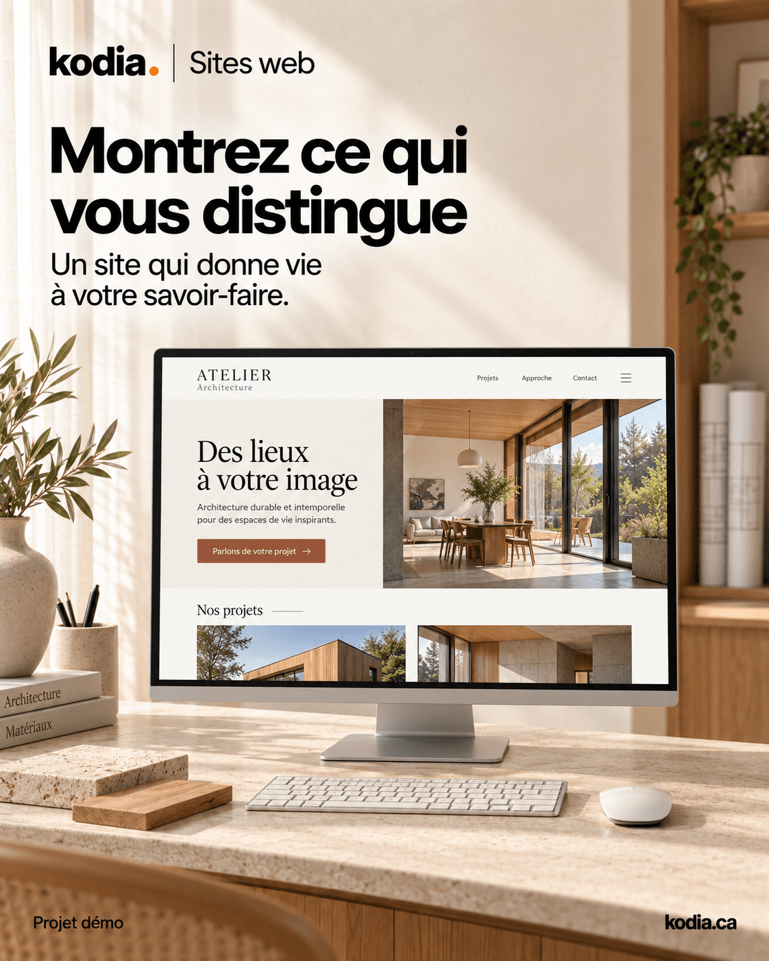 Concept de site d’architecture, avec des projets présentés sur un écran d’ordinateur.